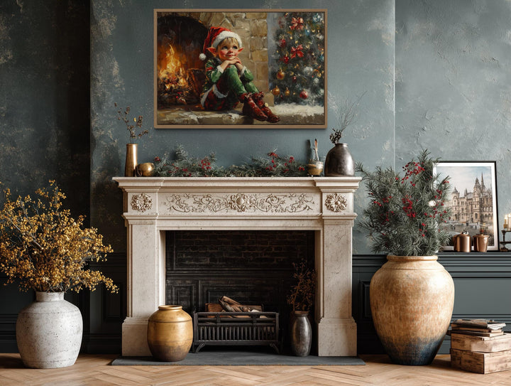 Vintage Christmas Elf by Fireplace Canvas Wall Art