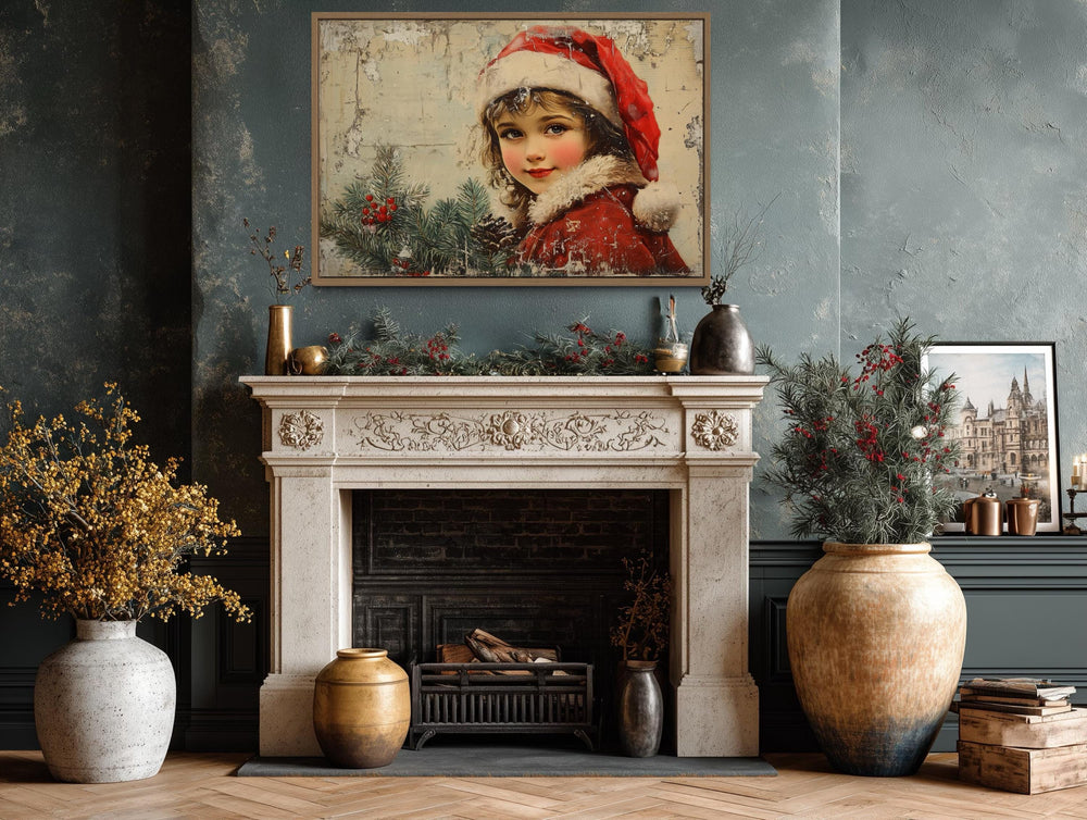 Vintage Christmas Girl in Red Santa Hat Canvas Wall Art