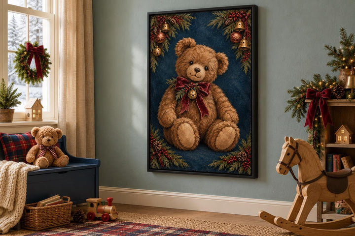 Vintage Christmas Teddy Bear framed canvas wall art in a cozy, decorated holiday room.