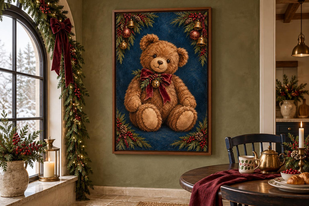 Vintage Christmas Teddy Bear framed canvas wall art hanging in a festive dining room.