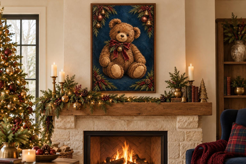 Vintage Christmas Teddy Bear framed canvas wall art hanging above a decorated fireplace mantel.