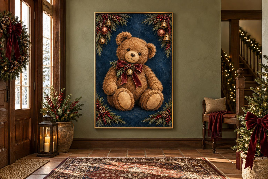 Vintage Christmas Teddy Bear framed canvas wall art hanging in a festive entryway.