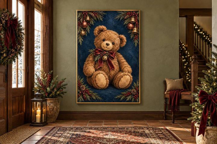 Vintage Christmas Teddy Bear framed canvas wall art hanging in a festive entryway.