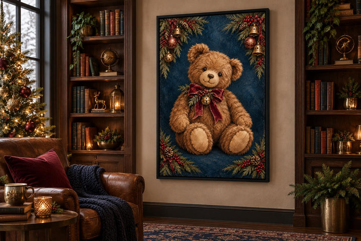Vintage Christmas Teddy Bear Framed Canvas Wall Art in a cozy library setting with a lit tree.
