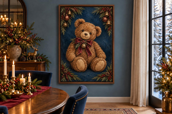 Vintage Christmas Teddy Bear framed canvas wall art hanging in a festive dining room.