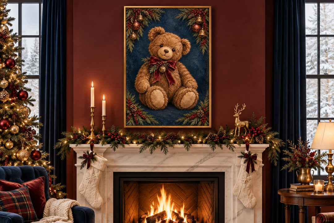 Vintage Christmas Teddy Bear framed canvas wall art hanging above a festive fireplace mantel.