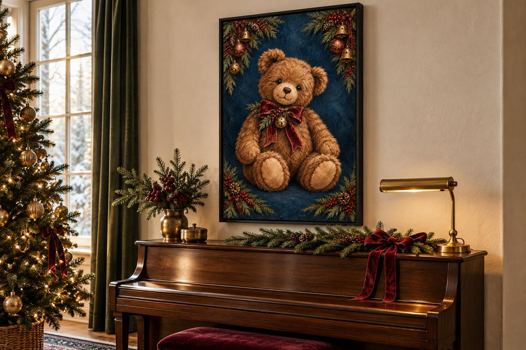 Vintage Christmas Teddy Bear framed canvas wall art hanging above a piano in a festive room.