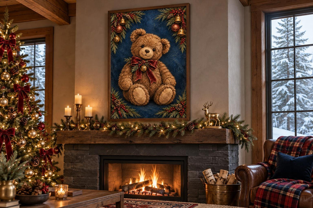 Vintage Christmas Teddy Bear framed canvas wall art hanging above a cozy fireplace mantel.