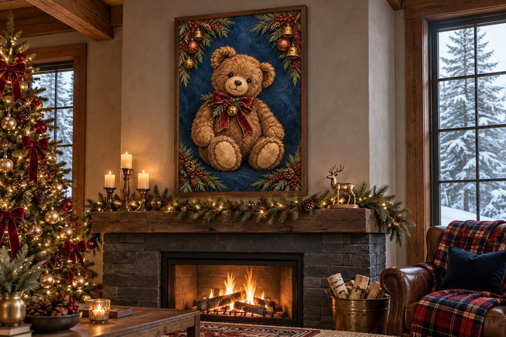 Vintage Christmas Teddy Bear framed canvas wall art hanging above a cozy fireplace mantel.