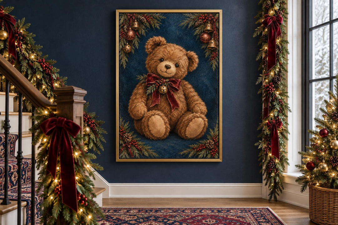 Vintage Christmas Teddy Bear framed canvas wall art hanging in a festive hallway with garlands.