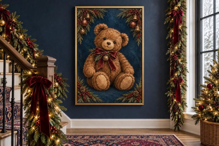 Vintage Christmas Teddy Bear framed canvas wall art hanging in a festive hallway with garlands.