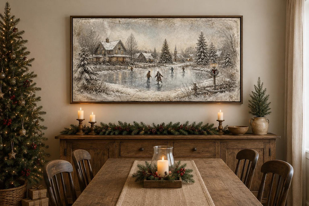 Vintage Christmas wall art of a snowy village with ice skaters above a rustic wooden sideboard.