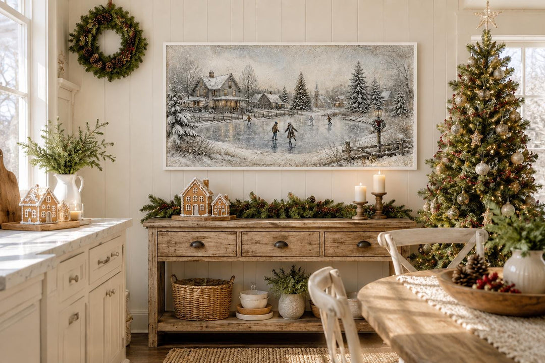 Vintage snowy village canvas art hanging above a rustic wooden console table with Christmas decor.