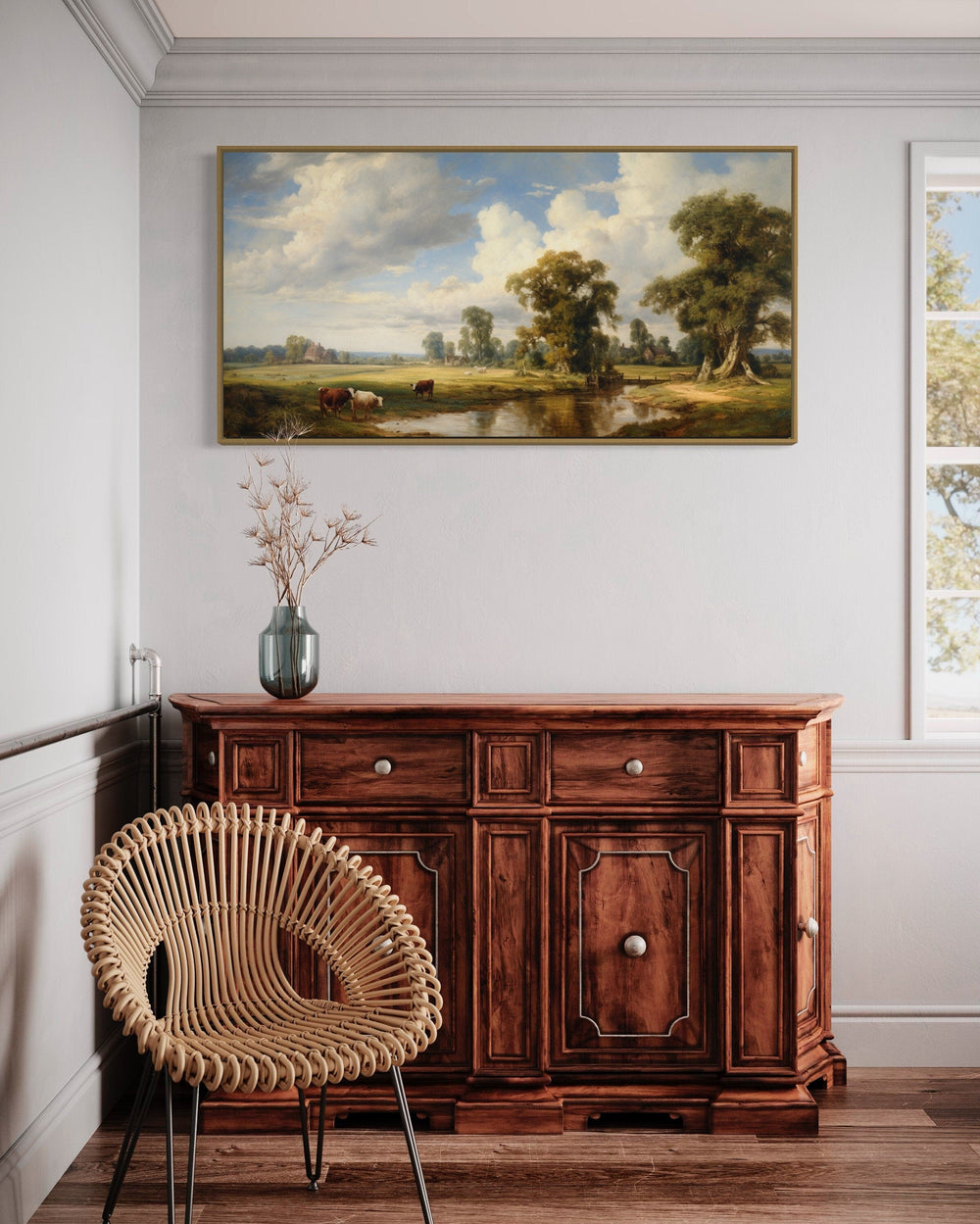 Vintage Country Pastoral Landscape With Cows Framed Canvas Wall Art