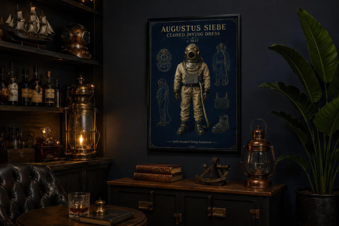 Vintage diving suit art canvas print in navy and gold hanging in a nautical-themed study.