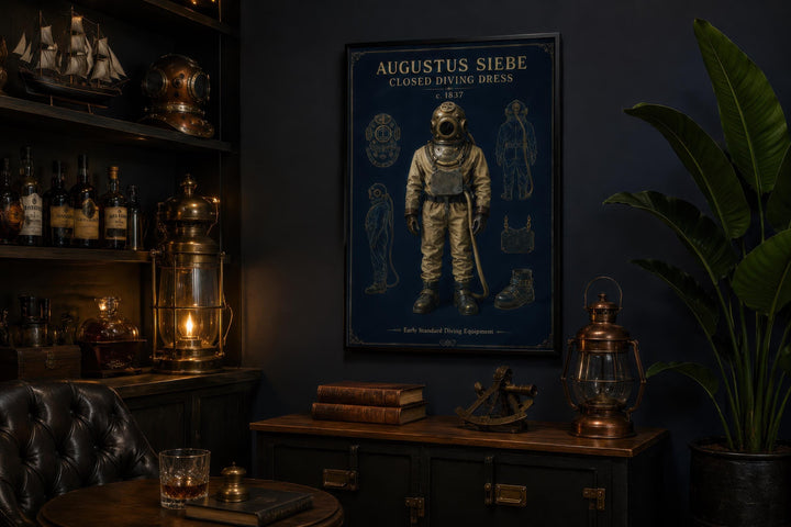 Vintage diving suit art canvas print in navy and gold hanging in a nautical-themed study.