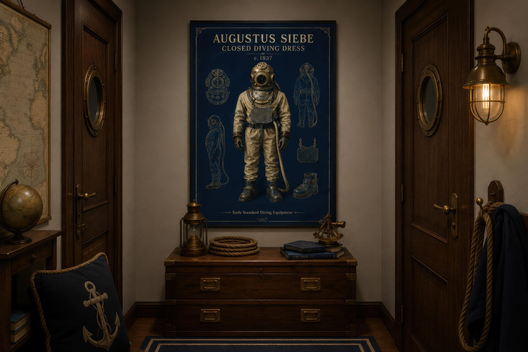 Vintage diving suit technical illustration on a navy blue canvas print in a nautical room.