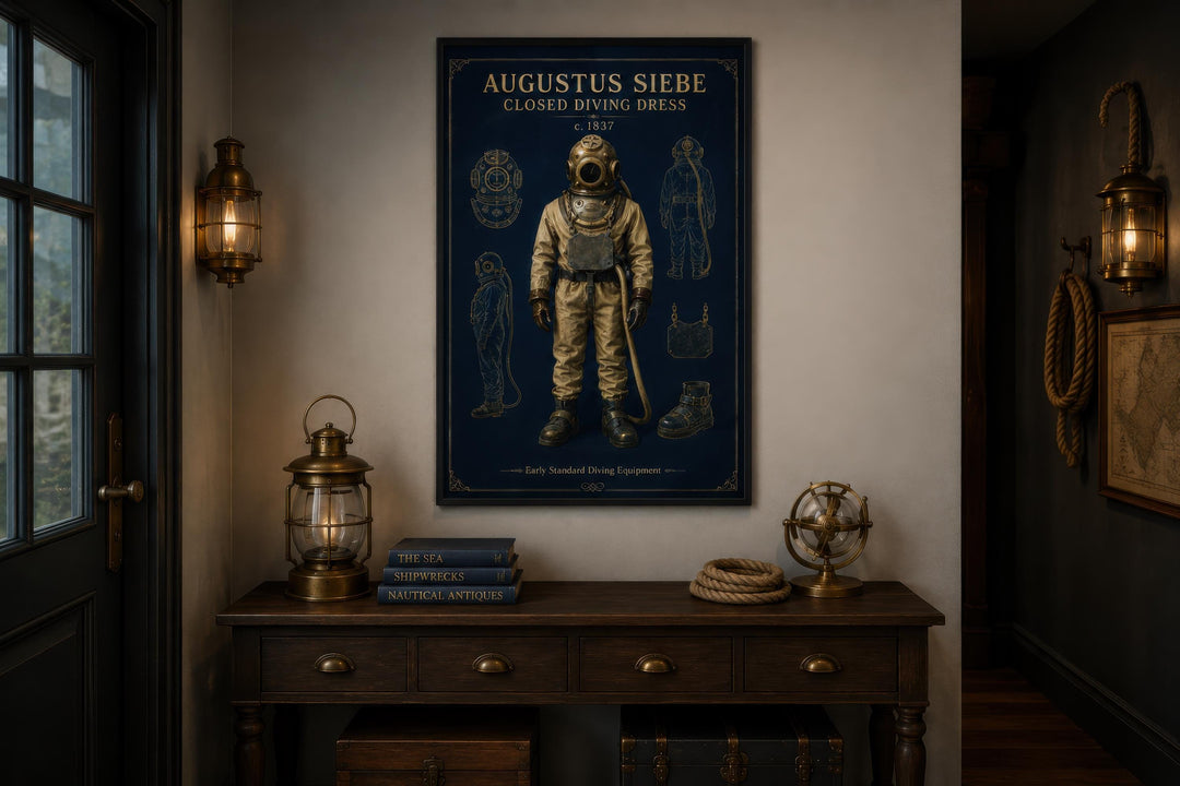 Vintage diving suit technical illustration on navy canvas print in a nautical-themed room.