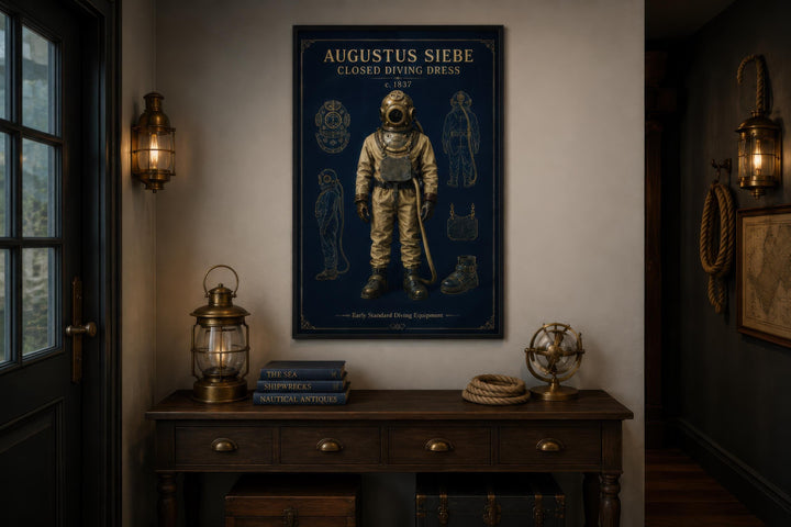 Vintage diving suit technical illustration on navy canvas print in a nautical-themed room.