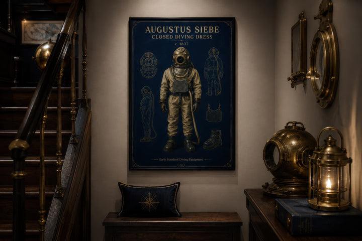 Vintage diving suit art canvas print in navy and gold hanging in a nautical-themed room.