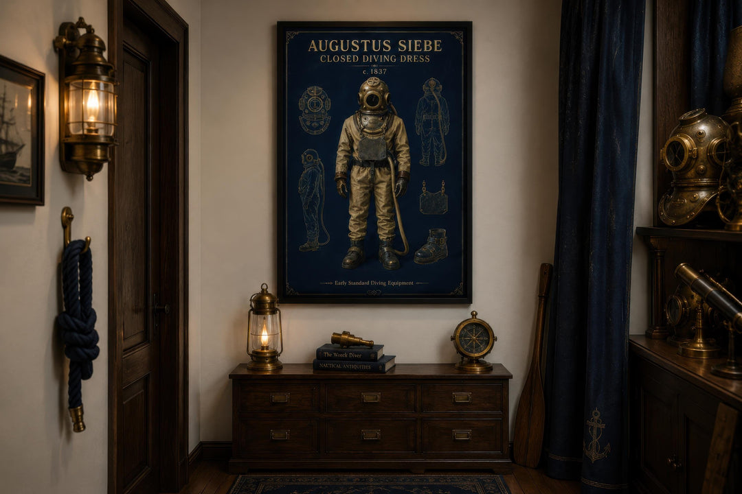 Augustus Siebe vintage diving suit technical illustration on a navy and gold canvas print.