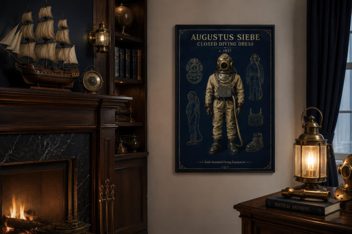Vintage diving suit technical illustration on navy gold canvas print in a classic study setting.