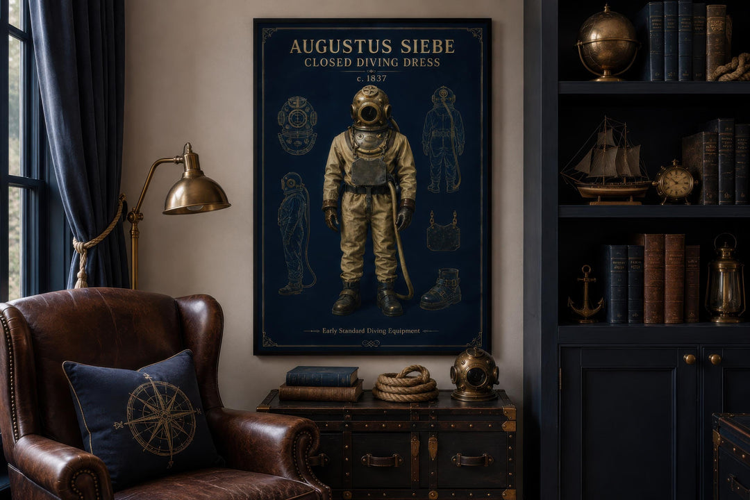 Vintage diving suit canvas print in navy and gold hanging in a nautical-themed study with leather.