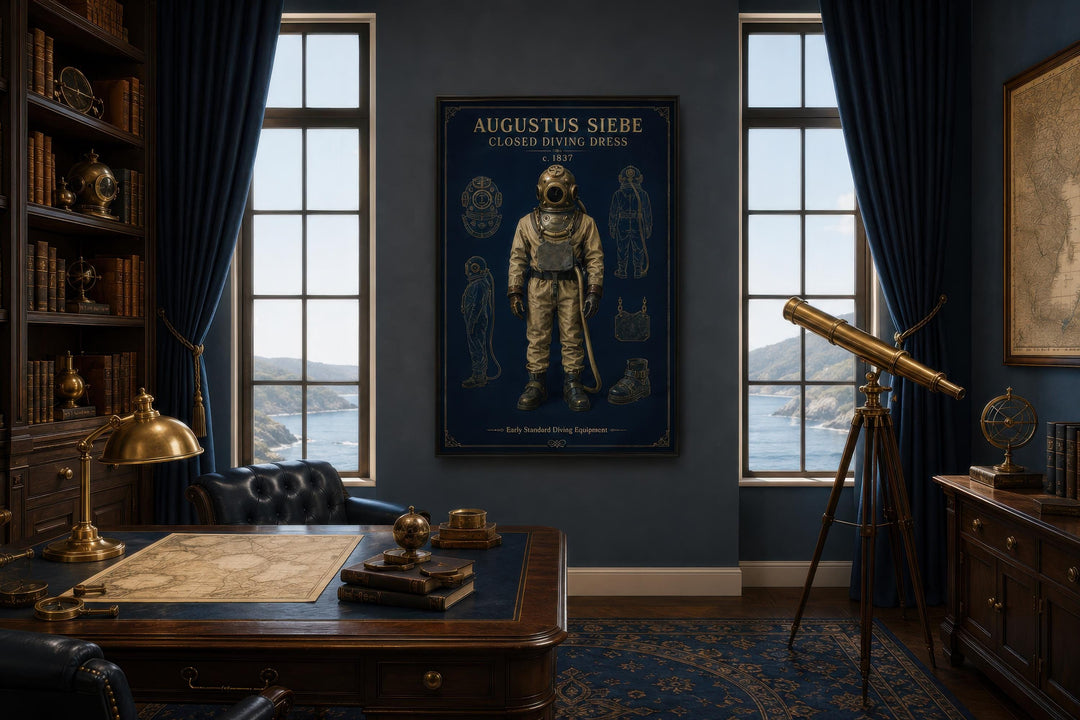 Vintage diving suit canvas print in a navy and gold nautical-themed study with dark wood furniture.