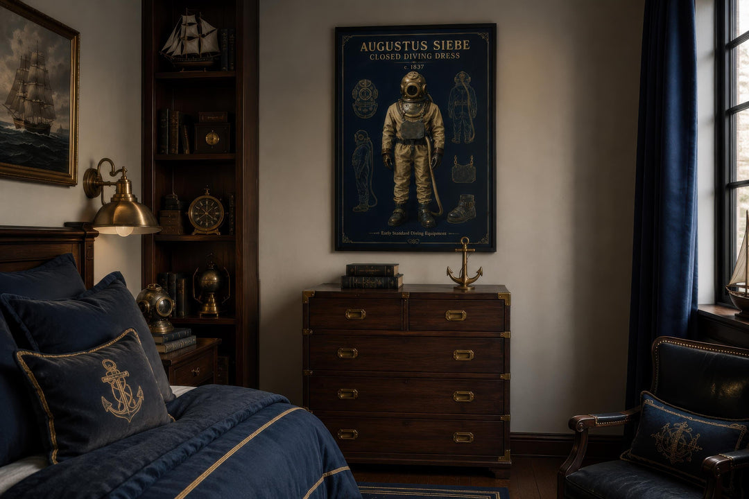 Vintage diving suit art canvas print in navy and gold hanging above a dark wood dresser.
