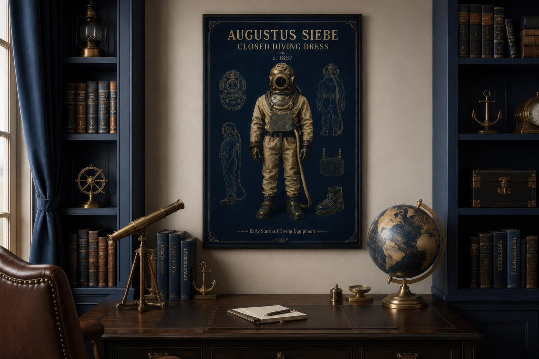 Vintage diving suit art canvas print in navy and gold, styled as a 19th-century technical diagram.