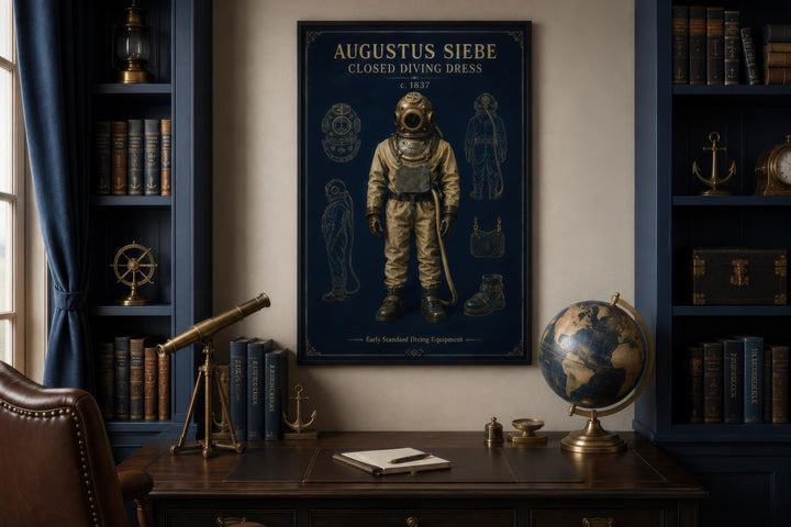 Vintage diving suit art canvas print in navy and gold, styled as a 19th-century technical diagram.