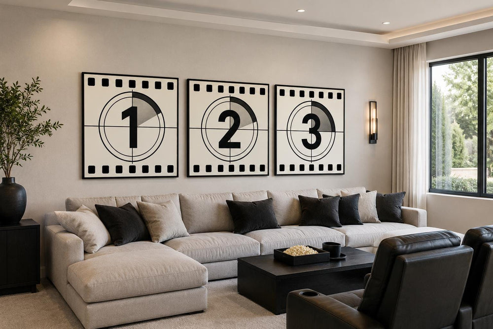Vintage film countdown 3-piece wall art set with numbers 1, 2, and 3 above a modern sofa.