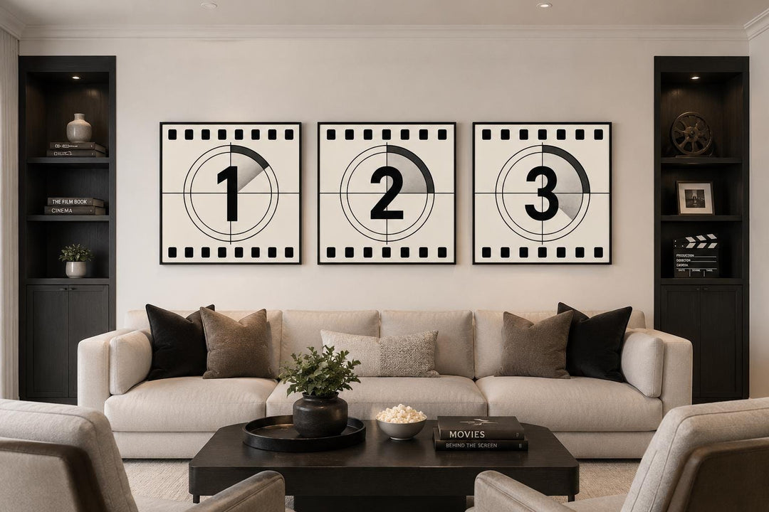 Vintage Film Countdown 3 Piece Wall Art Set in a modern living room above a sofa.