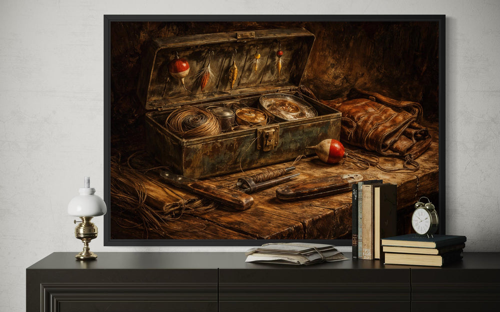 Vintage fishing wall art featuring a rustic tackle box and gear on a weathered wooden table.