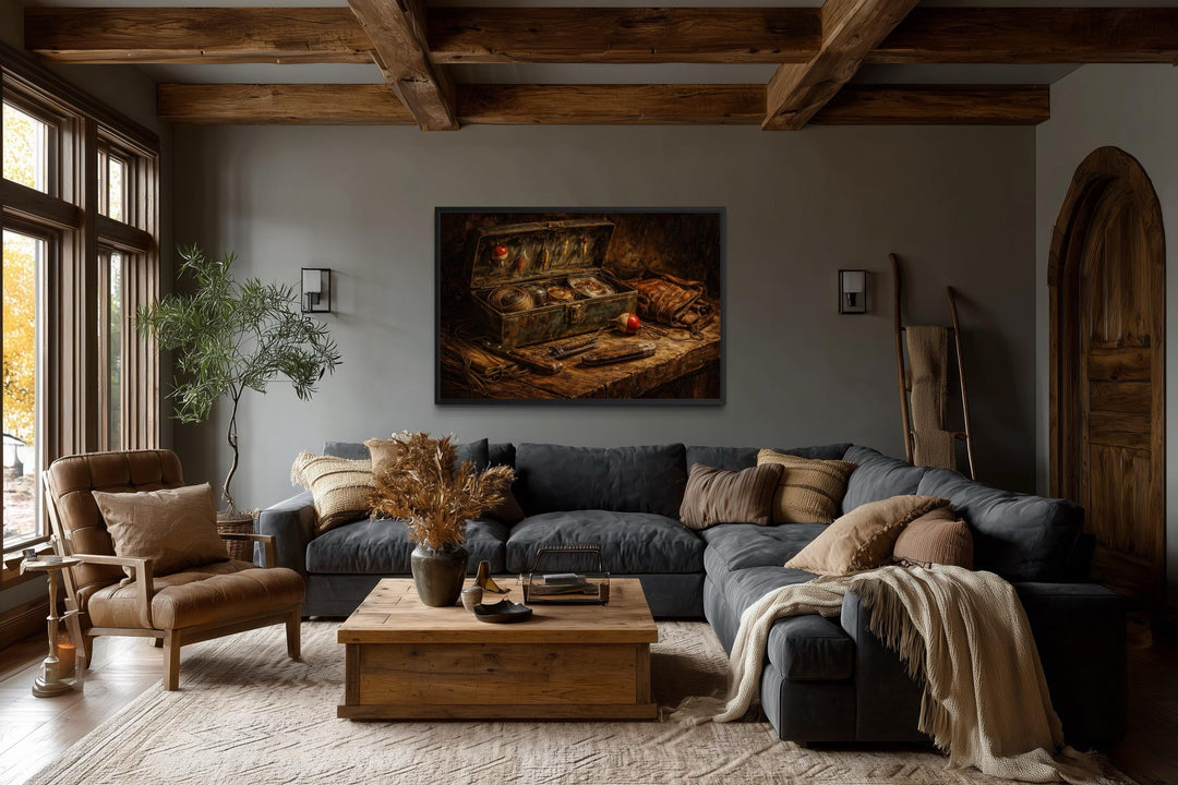 Vintage fishing wall art featuring a rustic angler painting on canvas in a cozy living room.