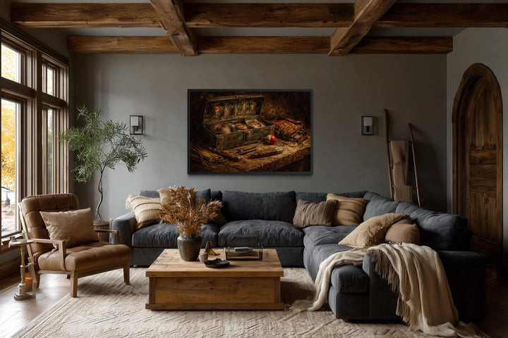 Vintage fishing wall art featuring a rustic angler painting on canvas in a cozy living room.