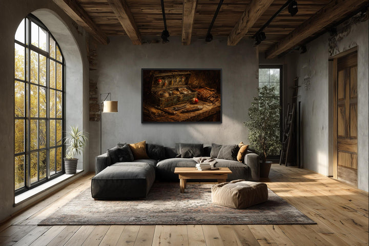 Vintage fishing wall art featuring a rustic angler painting on canvas in a moody, modern living room.