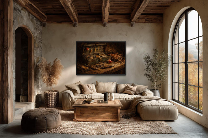 Vintage fishing wall art on stretched canvas hangs in a rustic living room with earthy tones.