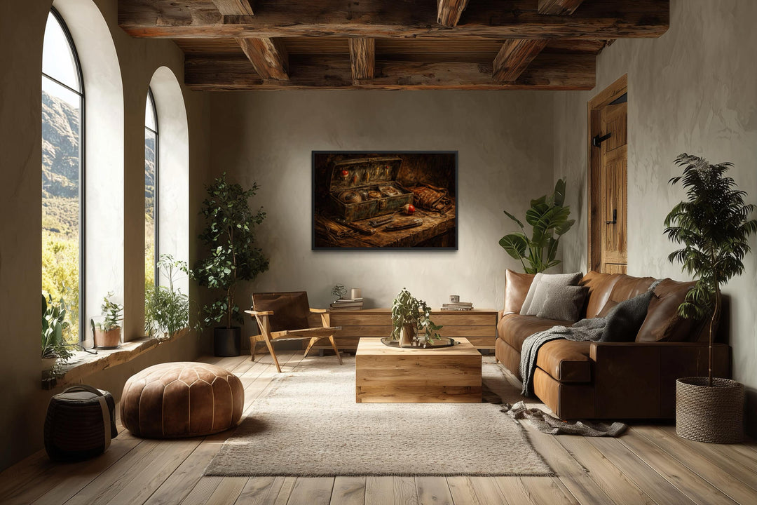 A rustic canvas print of vintage fishing gear hangs in a warm, earth-toned living room.
