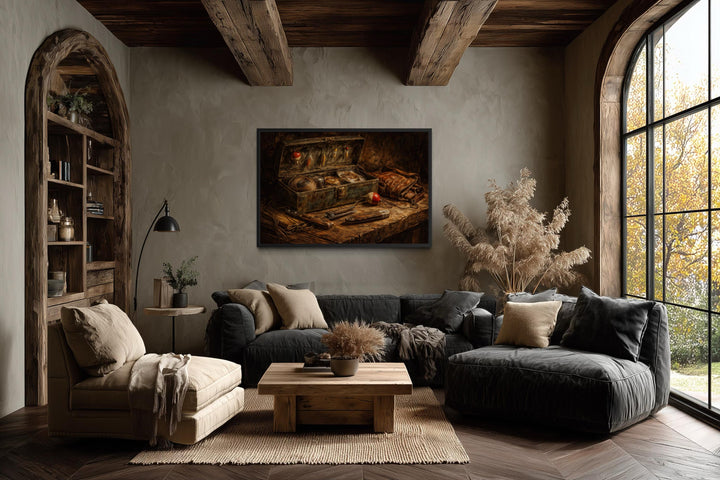 Vintage fishing wall art featuring a rustic angler painting on canvas in a cozy, earthy living room.
