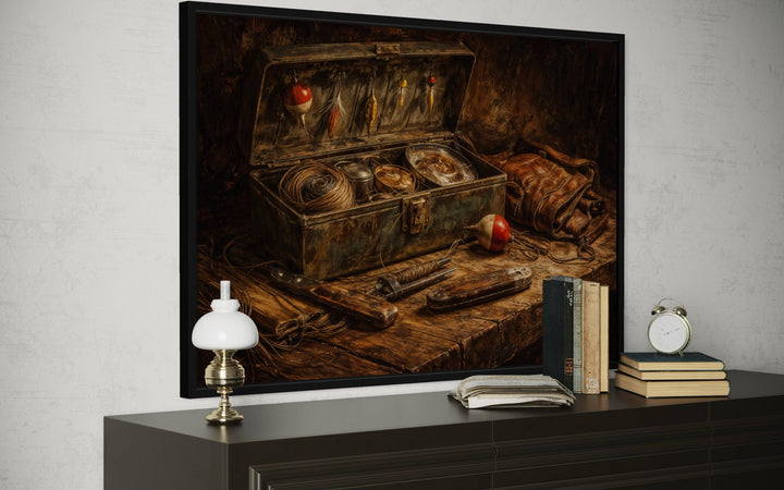 Vintage fishing wall art featuring a rustic tackle box painting on canvas above a dark dresser.