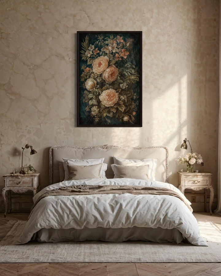 Vintage Flowers Green Cream Framed Tapestry Canvas Wall Art