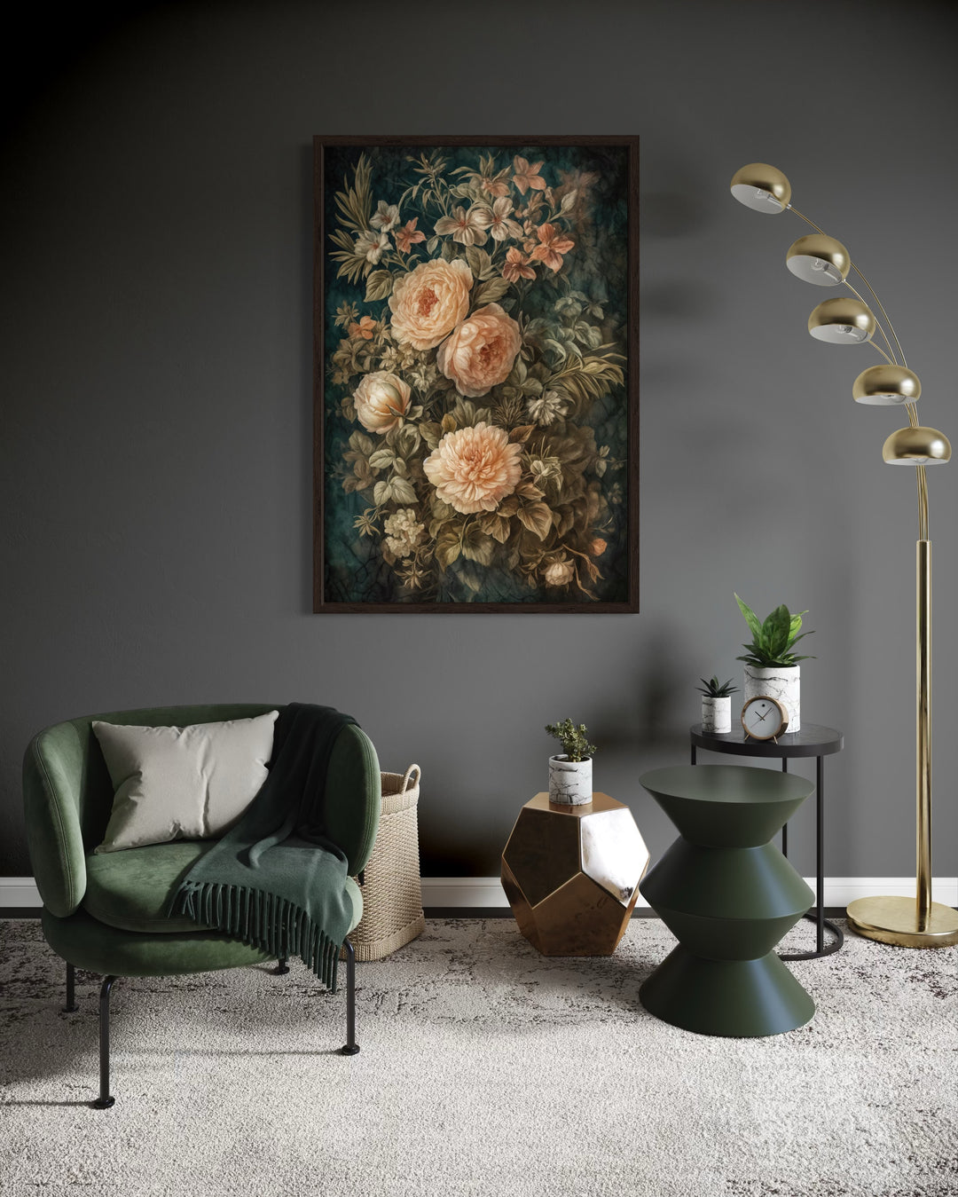 Vintage Flowers Green Cream Framed Tapestry Canvas Wall Art