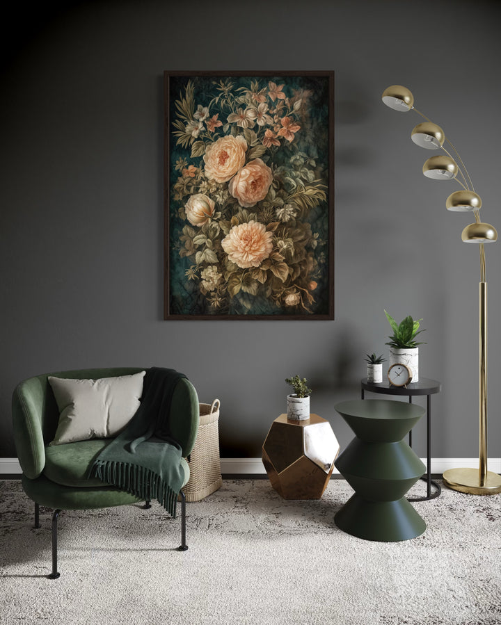 Vintage Flowers Green Cream Framed Tapestry Canvas Wall Art