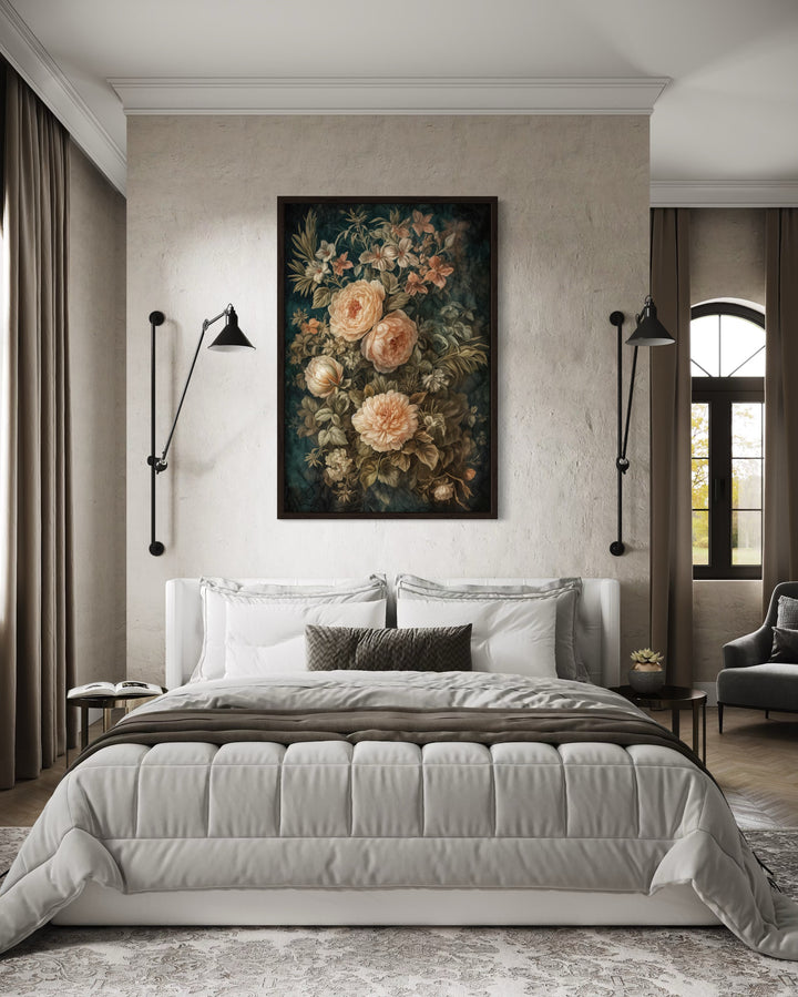 Vintage Flowers Green Cream Framed Tapestry Canvas Wall Art