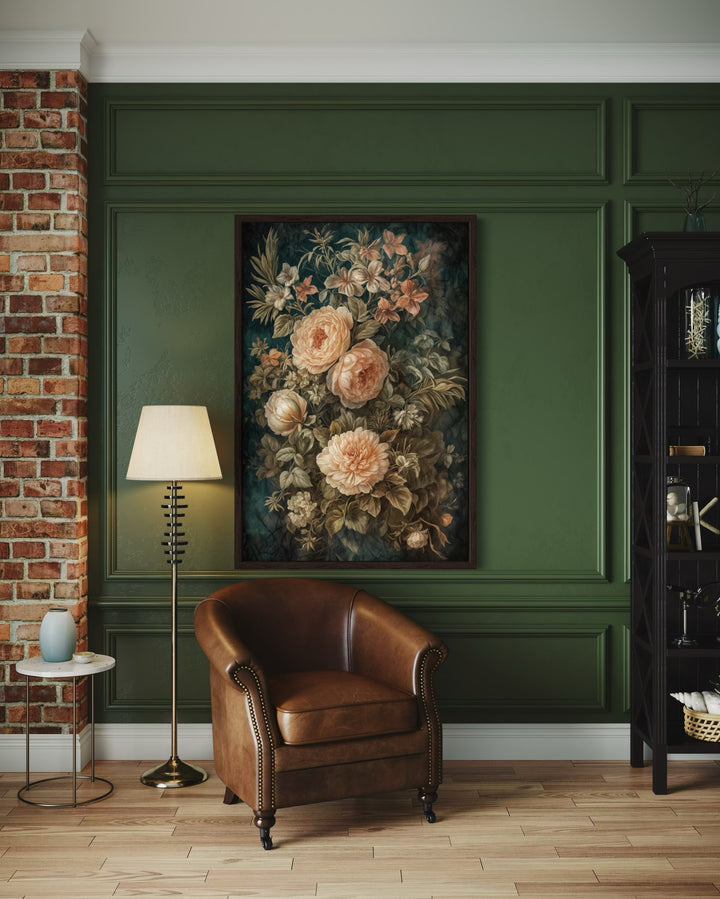 Vintage Flowers Green Cream Framed Tapestry Canvas Wall Art