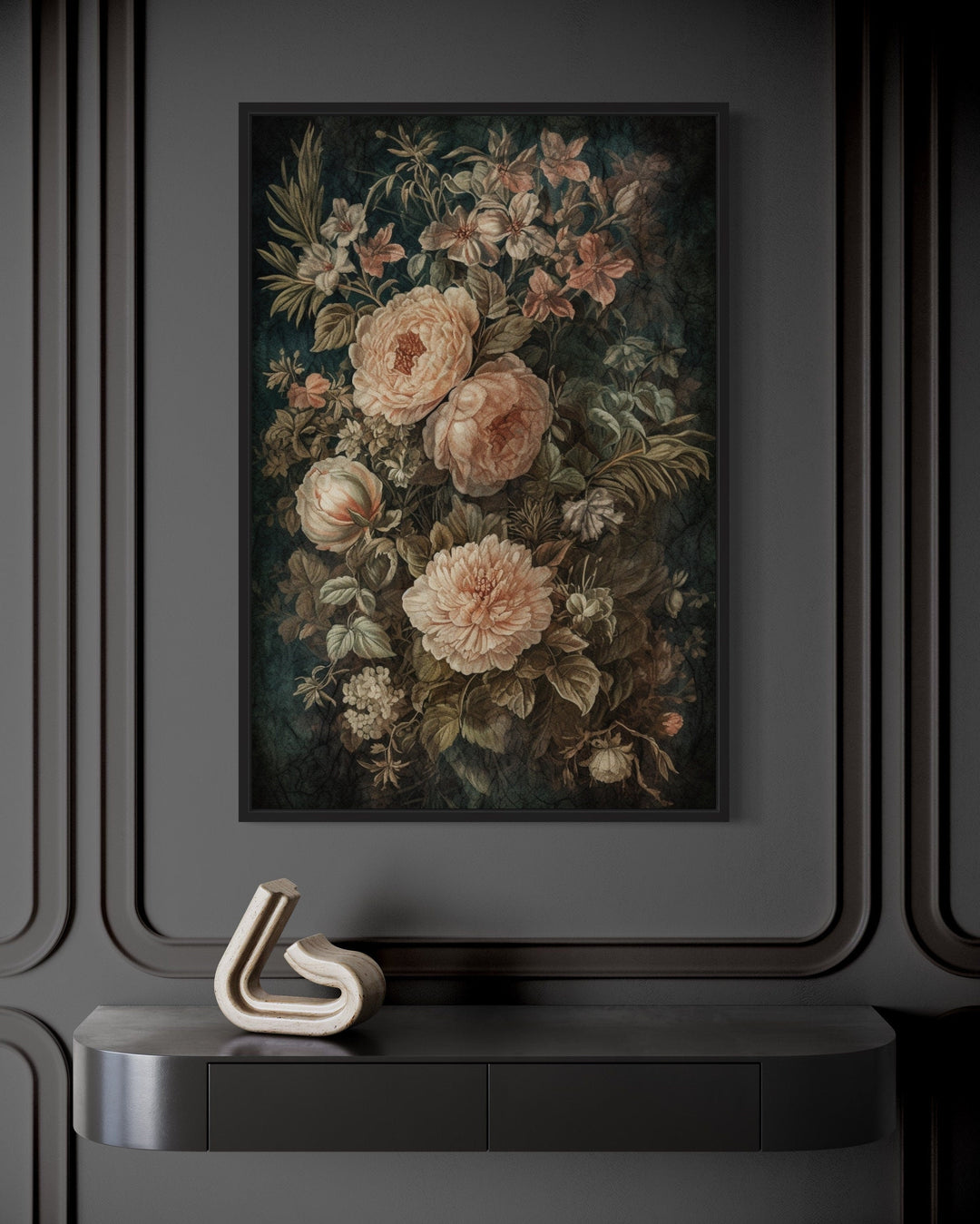 Vintage Flowers Green Cream Framed Tapestry Canvas Wall Art