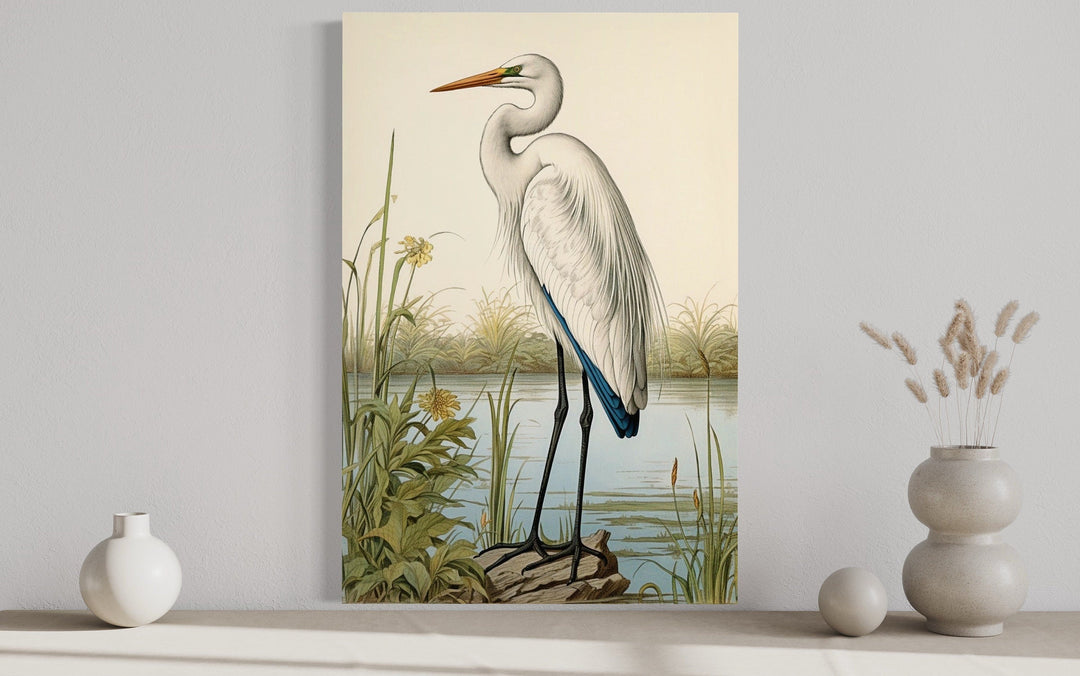 Vintage Great Egret Painting Coastal Birds Framed Canvas Wall Art