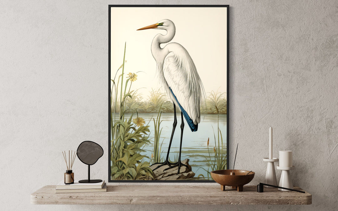 Vintage Great Egret Painting Coastal Birds Framed Canvas Wall Art