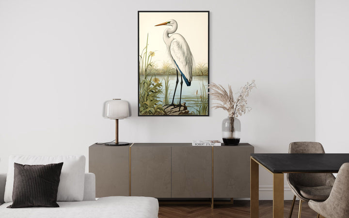 Vintage Great Egret Painting Coastal Birds Framed Canvas Wall Art